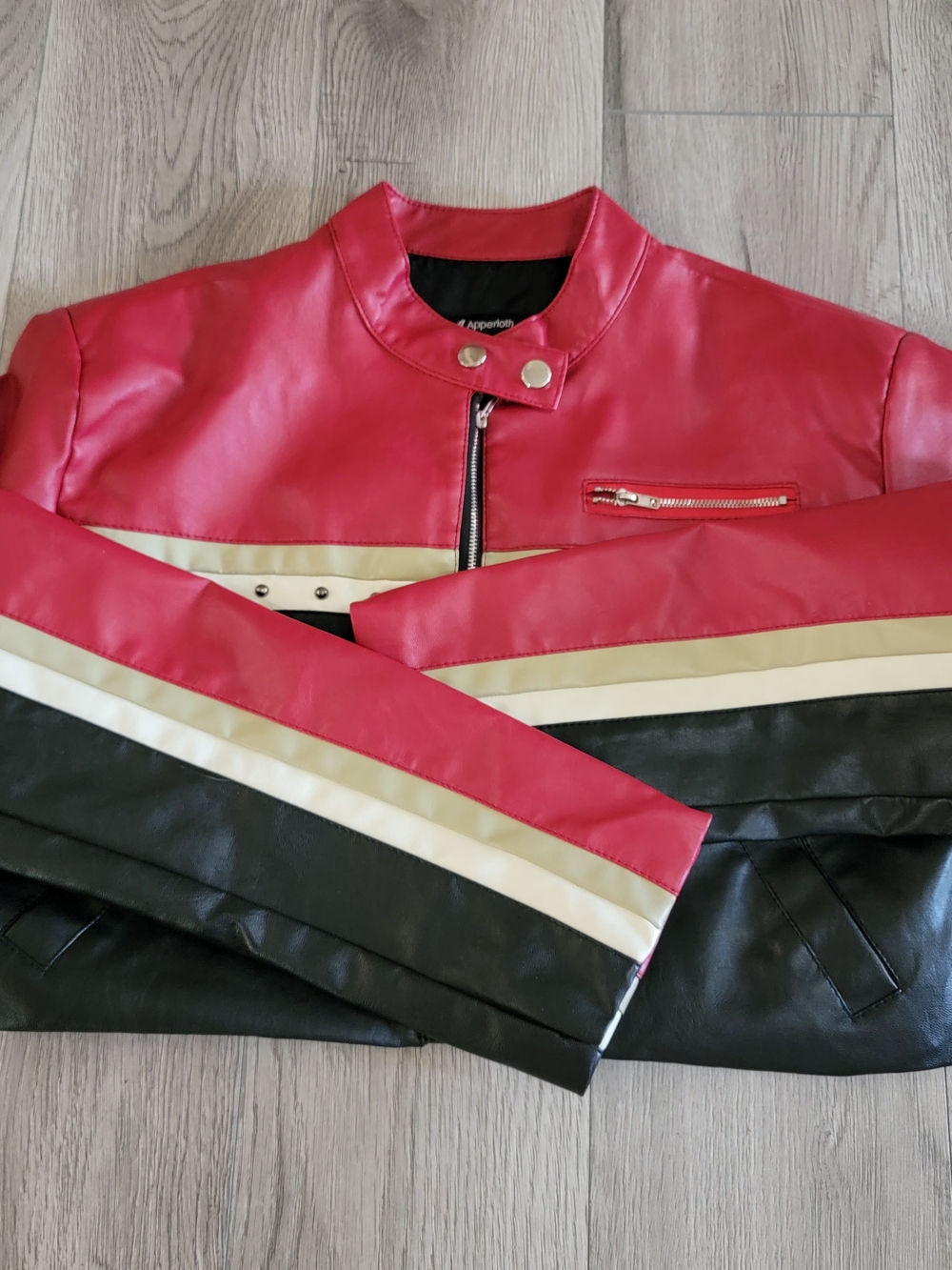 Red Black Faux Leather Short Jacket Streetwear Snap Zipper Stand Neck Outerwear - Picture 9 of 9